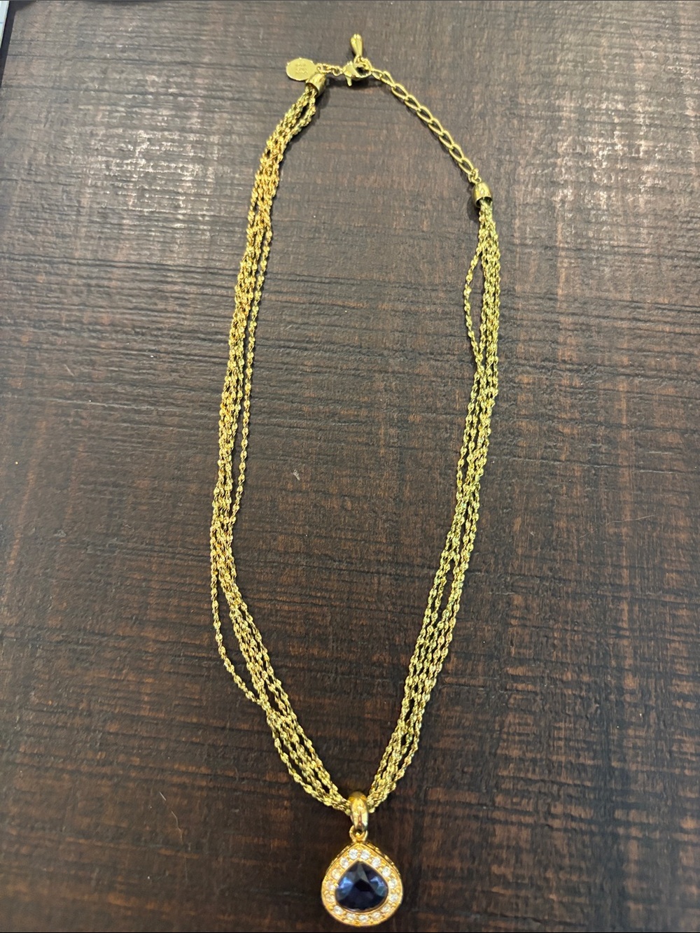 Vintage Nolan Miller Korea Multi Strand Gold Tone Sapphire Blue Pendant Necklace